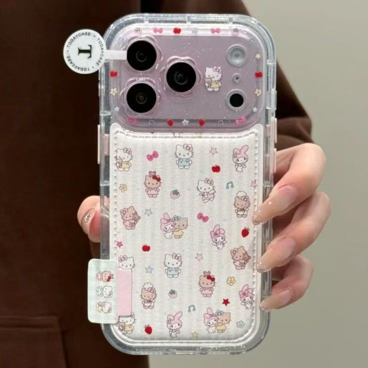 キティ＆マイメロディ 折りたたみスタンド iPhone 17 Pro Max ケース iPhone 16 Pro/15 Pro/14 /13 用 可愛い シリコン 革風 ソフトケース 衝撃保護