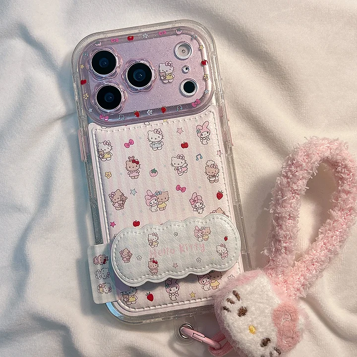 キティ＆マイメロディ 折りたたみスタンド iPhone 17 Pro Max ケース iPhone 16 Pro/15 Pro/14 /13 用 可愛い シリコン 革風 ソフトケース 衝撃保護