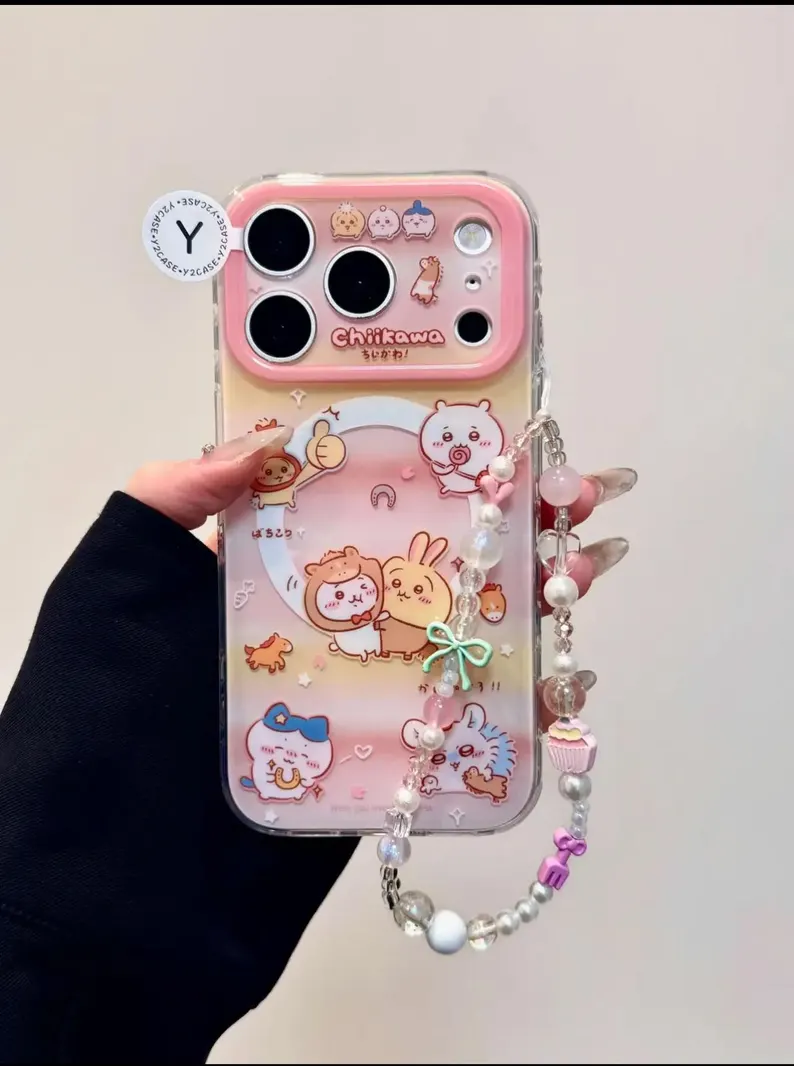 Magsafe対応かわいいちいかわシェイカーグリップケース、ピンクのアニメ動くチャーム付きiPhone 17 16 15 14 13 Pro Maxカバー、かわいいハチワレうさぎギフト、日本語