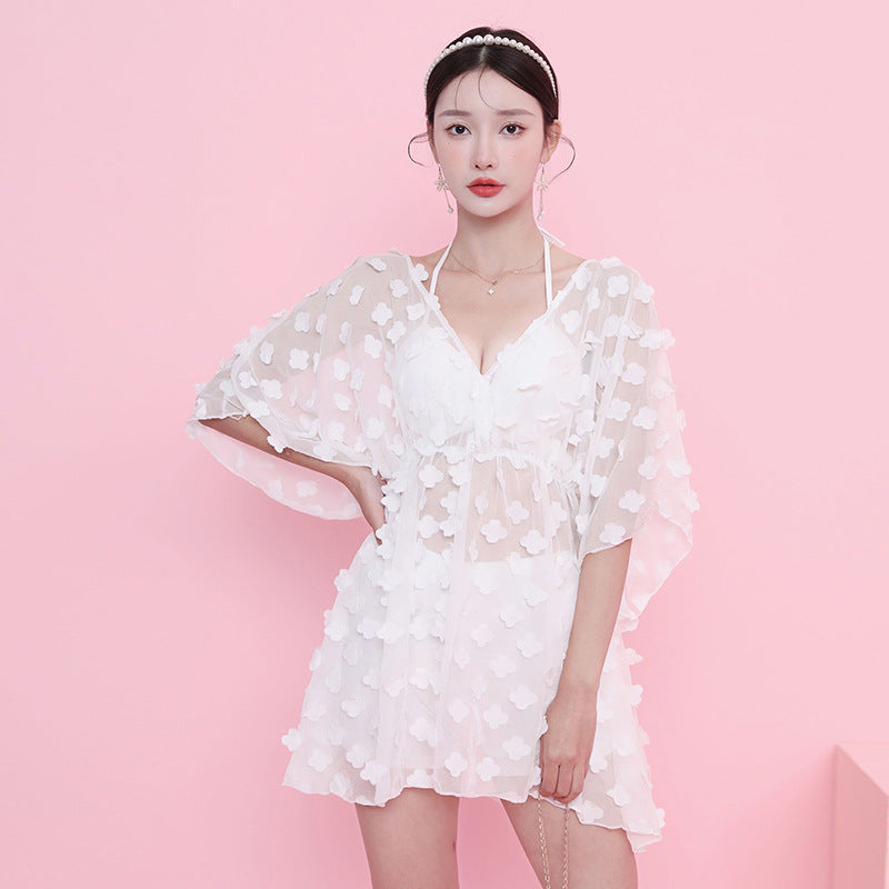 温泉用ツーピース水着+羽織り カップ付き ブラトップ 短パン 盛れる 日焼け止め ホルターネック 太もも隠れる ワイヤー入り ビキニ 大胸 スイムウェア プール 下着 おしゃれ 速乾 快適 ゆったり 可愛い シースルー 体型カバー きれいめ F