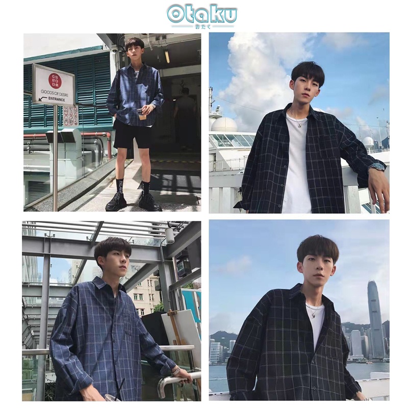 OTAKU Plaid Polo For Men Long Sleeve Loose Casual Shirts Overlay And Women