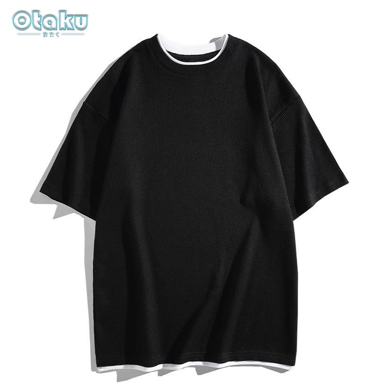 OTAKU Oversized T-Shirt For Men Waffle Fake Two Piece Plain Women Pro Club Shirt