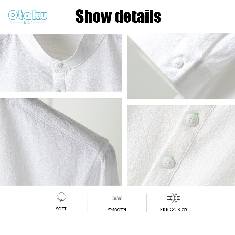 OTAKU Men Cotton Linen Chinese Collar 4/3 Sleeve Shirt Stand Casual Polo