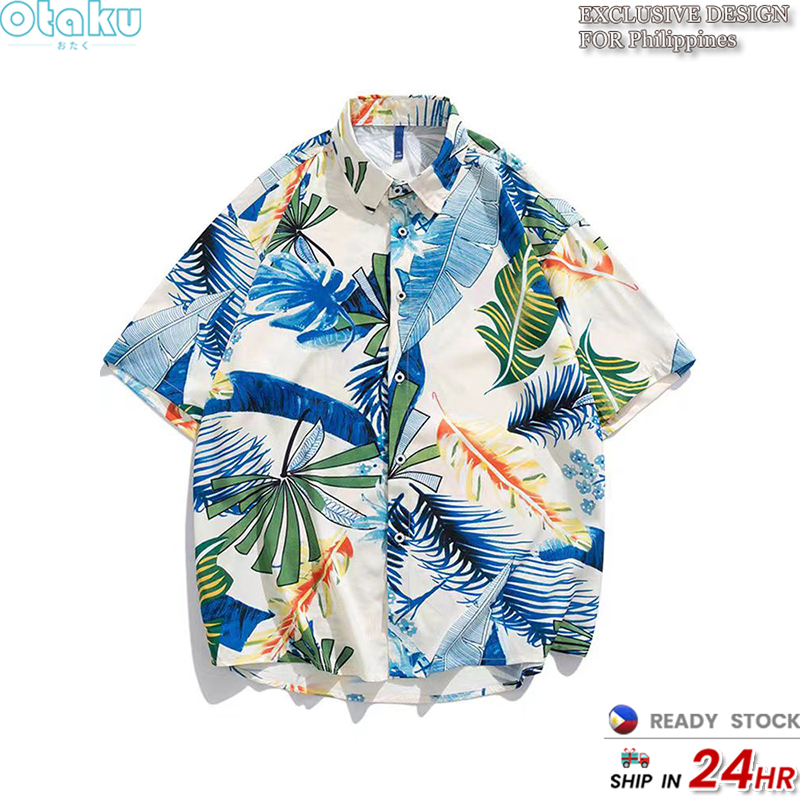 OTAKU Men's Pure Cotton Boho Loose Casual Short Sleeve Floral Shirt Hawaiian Beach Vacation Tops