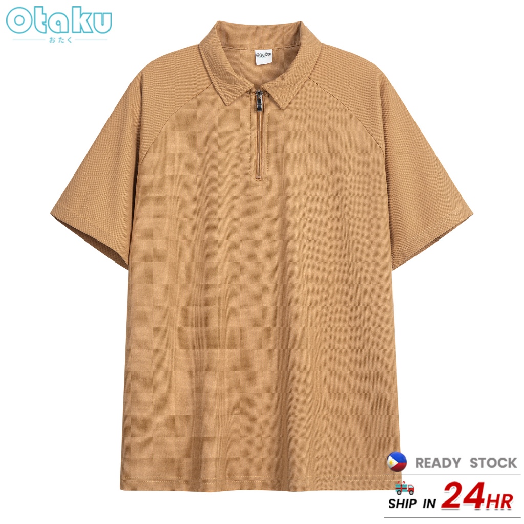 Otaku Half-Zip Polo Shirt Men's Korean Style Casual Short Sleeve Plain Half Sleeves Polo Collar