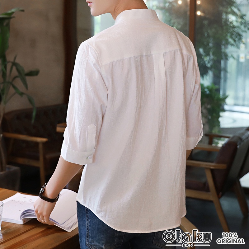 OTAKU Men Cotton Linen Chinese Collar 4/3 Sleeve Shirt Stand Casual Polo