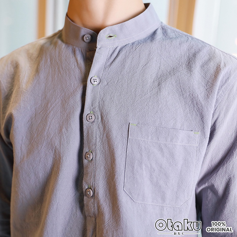 OTAKU Men Cotton Linen Chinese Collar 4/3 Sleeve Shirt Stand Casual Polo