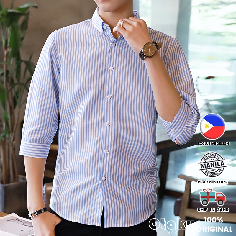 OTAKU Striped Polo For Men 4/3 Sleeve Vertical Casual Shirt Hawaii Beach Loose