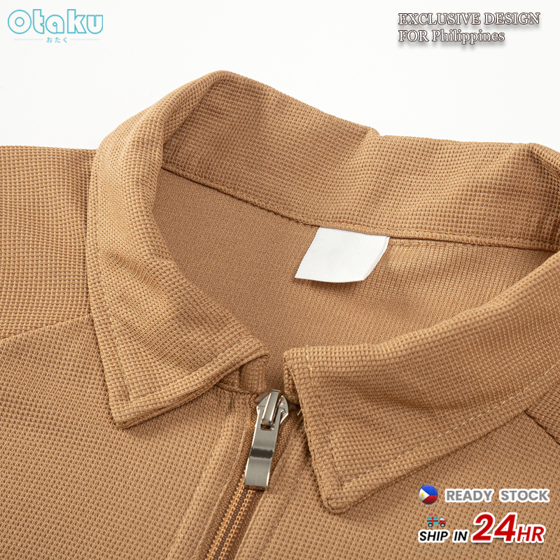 Otaku Half-Zip Polo Shirt Men's Korean Style Casual Short Sleeve Plain Half Sleeves Polo Collar