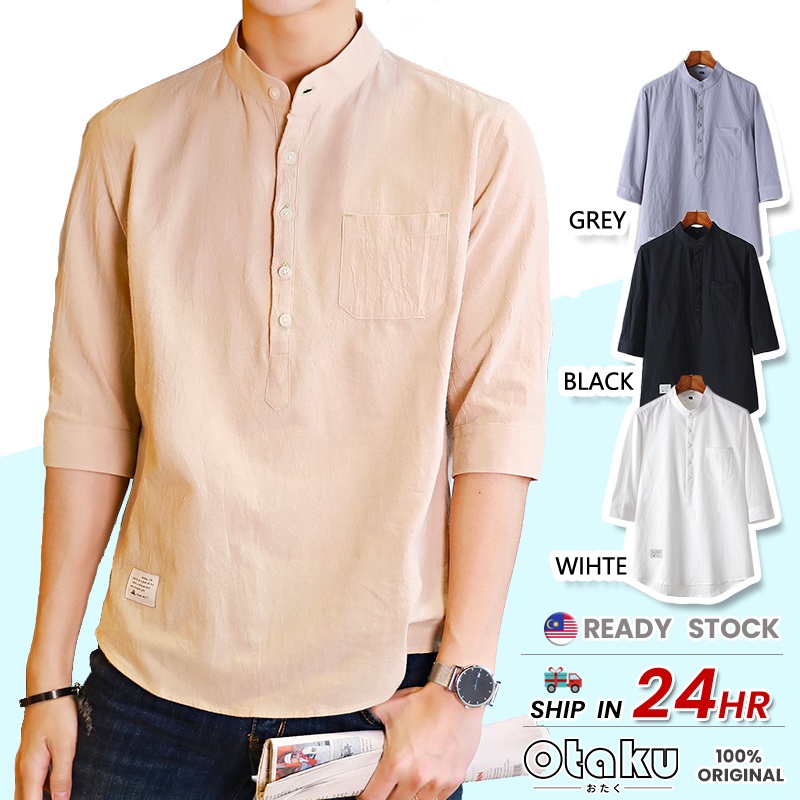 OTAKU Men Cotton Linen Chinese Collar 4/3 Sleeve Shirt Stand Casual Polo