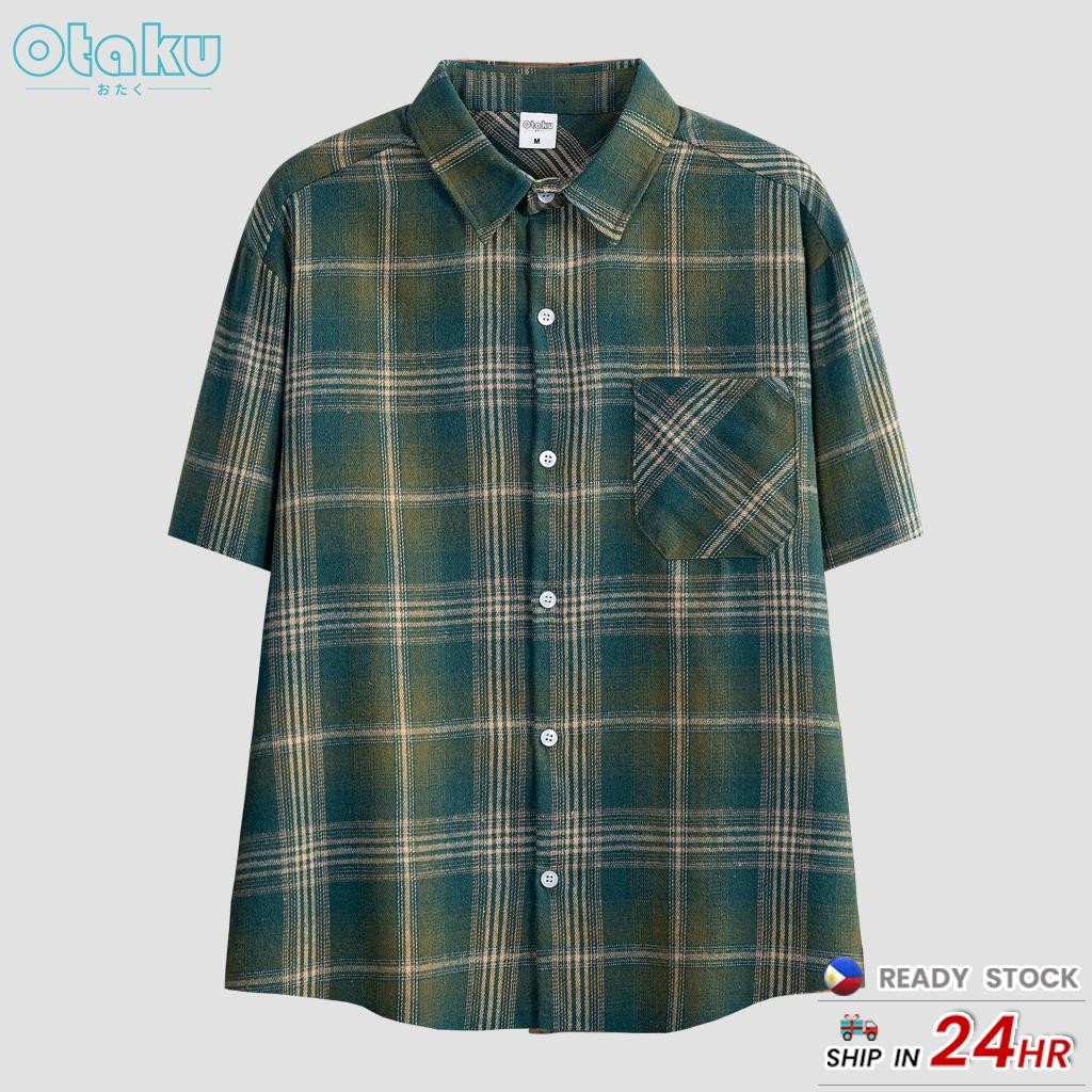 OTAKU Plaid Shirt For Men short Sleeved Unisex Flannel Fashion Shirt Lapel Neck Top With Pocket
