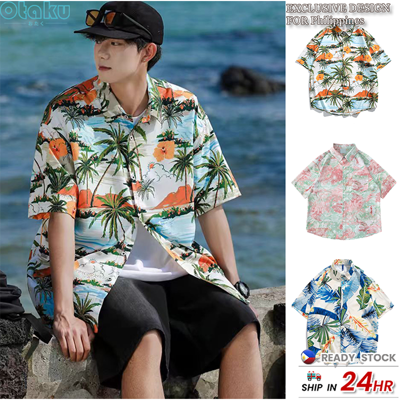 OTAKU Men's Pure Cotton Boho Loose Casual Short Sleeve Floral Shirt Hawaiian Beach Vacation Tops