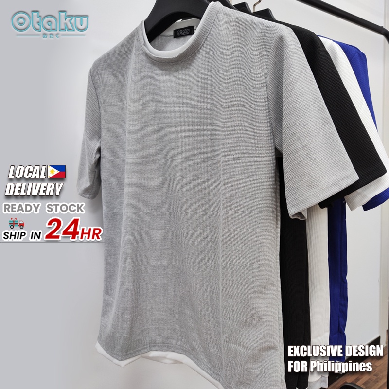 OTAKU Oversized T-Shirt For Men Waffle Fake Two Piece Plain Women Pro Club Shirt