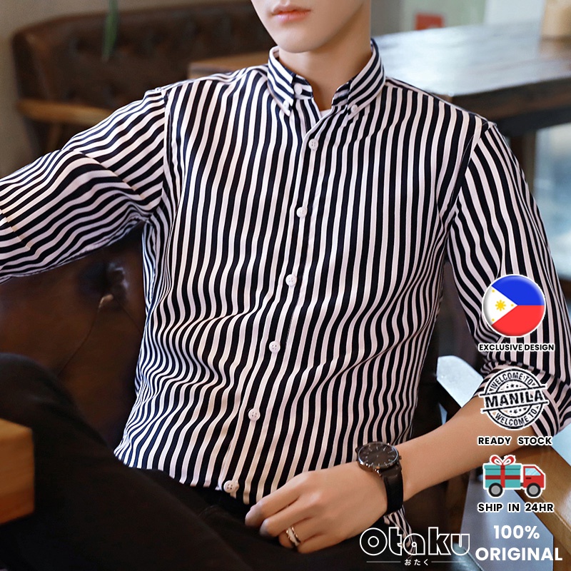 OTAKU Striped Polo For Men 4/3 Sleeve Vertical Casual Shirt Hawaii Beach Loose