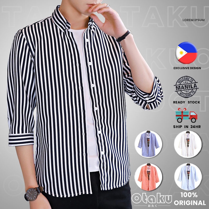 OTAKU Striped Polo For Men 4/3 Sleeve Vertical Casual Shirt Hawaii Beach Loose