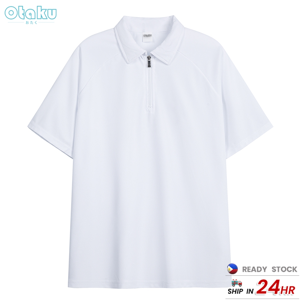 Otaku Half-Zip Polo Shirt Men's Korean Style Casual Short Sleeve Plain Half Sleeves Polo Collar