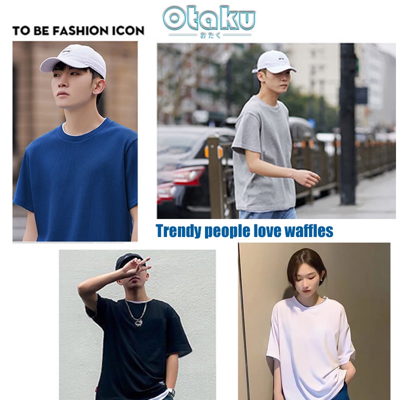 OTAKU Oversized T-Shirt For Men Waffle Fake Two Piece Plain Women Pro Club Shirt