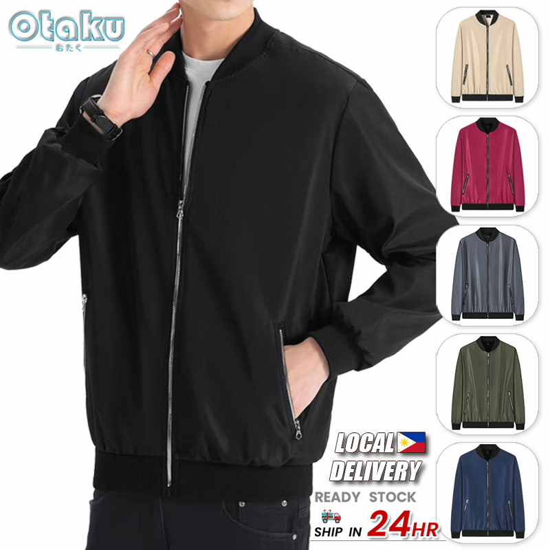 Solid standing collar baseball jacket for men Bomber Jacket with Zipper Plain Trendy Casual Korean