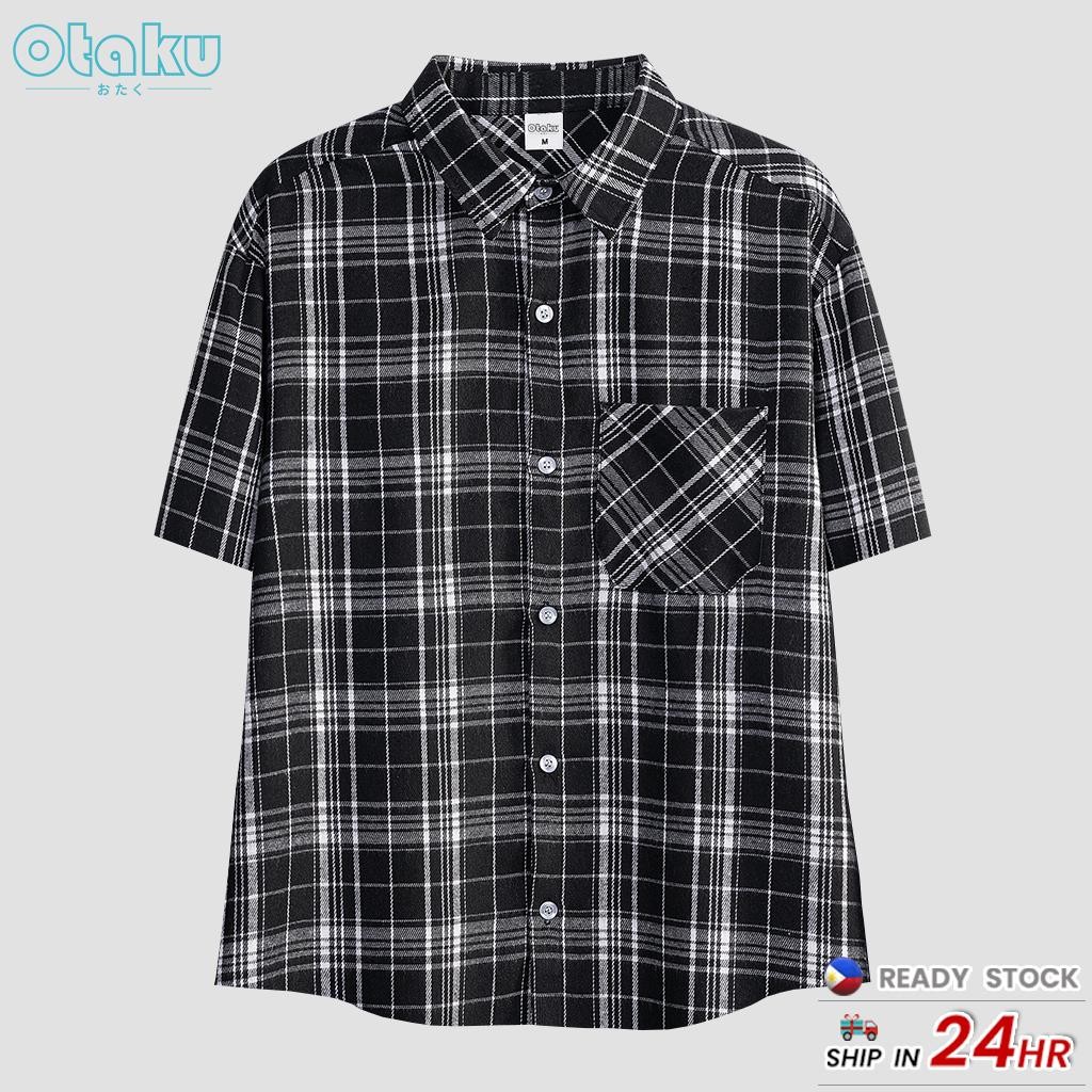 OTAKU Plaid Shirt For Men short Sleeved Unisex Flannel Fashion Shirt Lapel Neck Top With Pocket