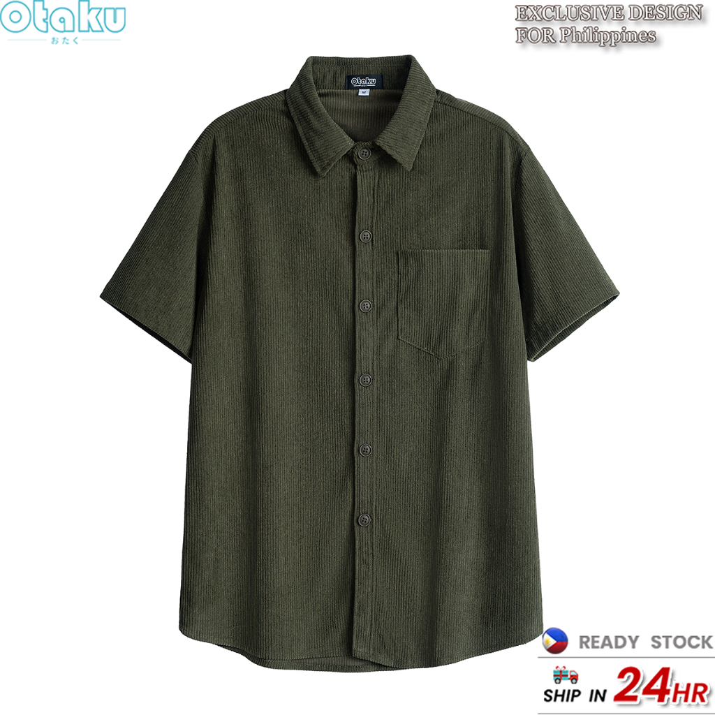 OTAKU Corduroy Short Sleeve Shirts For Men 220GSM Plain Casual Polo Shirt Plain Oversized Shirt Men