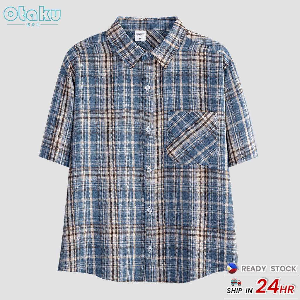 OTAKU Plaid Shirt For Men short Sleeved Unisex Flannel Fashion Shirt Lapel Neck Top With Pocket