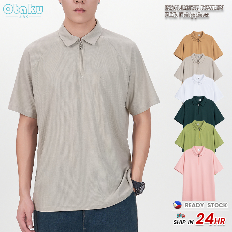 Otaku Half-Zip Polo Shirt Men's Korean Style Casual Short Sleeve Plain Half Sleeves Polo Collar
