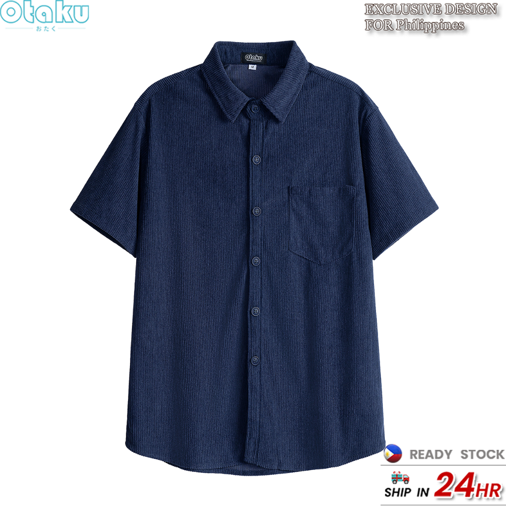 OTAKU Corduroy Short Sleeve Shirts For Men 220GSM Plain Casual Polo Shirt Plain Oversized Shirt Men