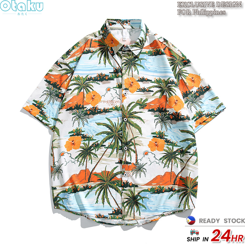 OTAKU Men's Pure Cotton Boho Loose Casual Short Sleeve Floral Shirt Hawaiian Beach Vacation Tops
