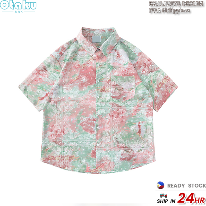 OTAKU Men's Pure Cotton Boho Loose Casual Short Sleeve Floral Shirt Hawaiian Beach Vacation Tops