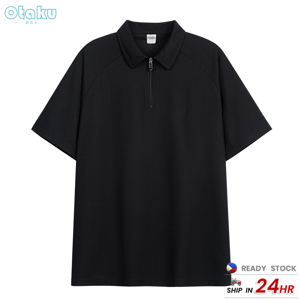 Otaku Half-Zip Polo Shirt Men's Korean Style Casual Short Sleeve Plain Half Sleeves Polo Collar