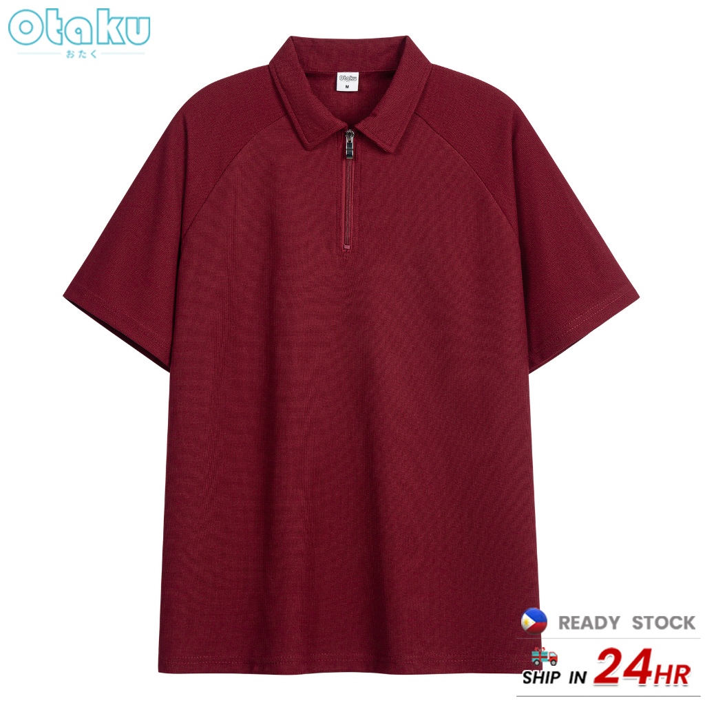 Otaku Half-Zip Polo Shirt Men's Korean Style Casual Short Sleeve Plain Half Sleeves Polo Collar