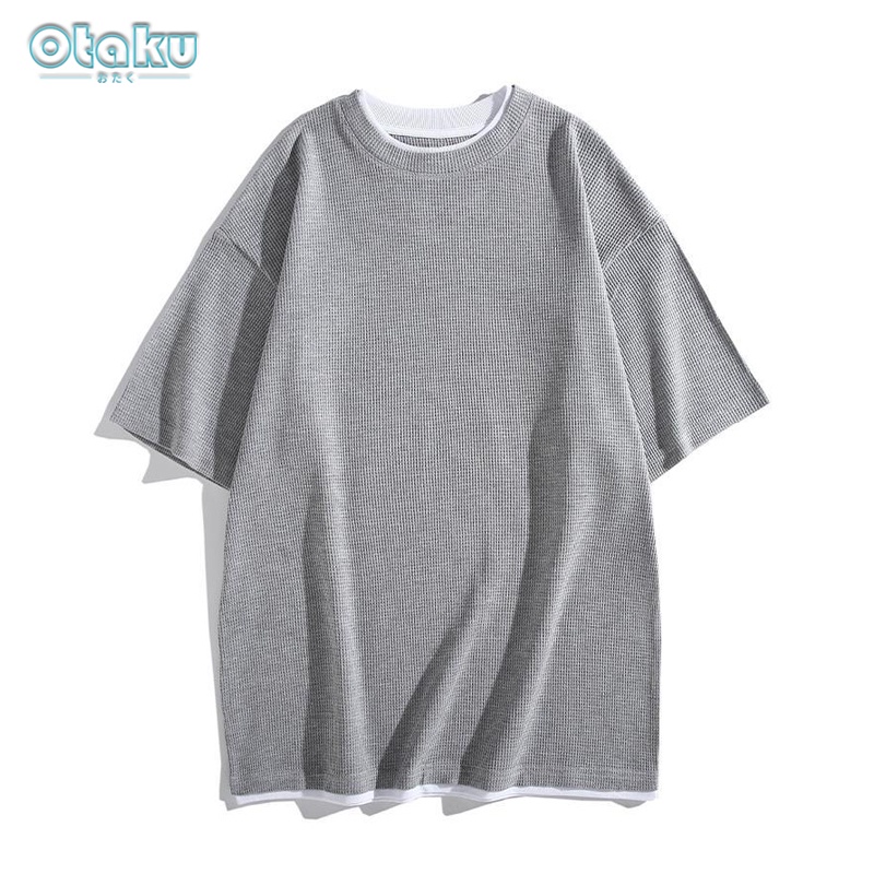 OTAKU Oversized T-Shirt For Men Waffle Fake Two Piece Plain Women Pro Club Shirt