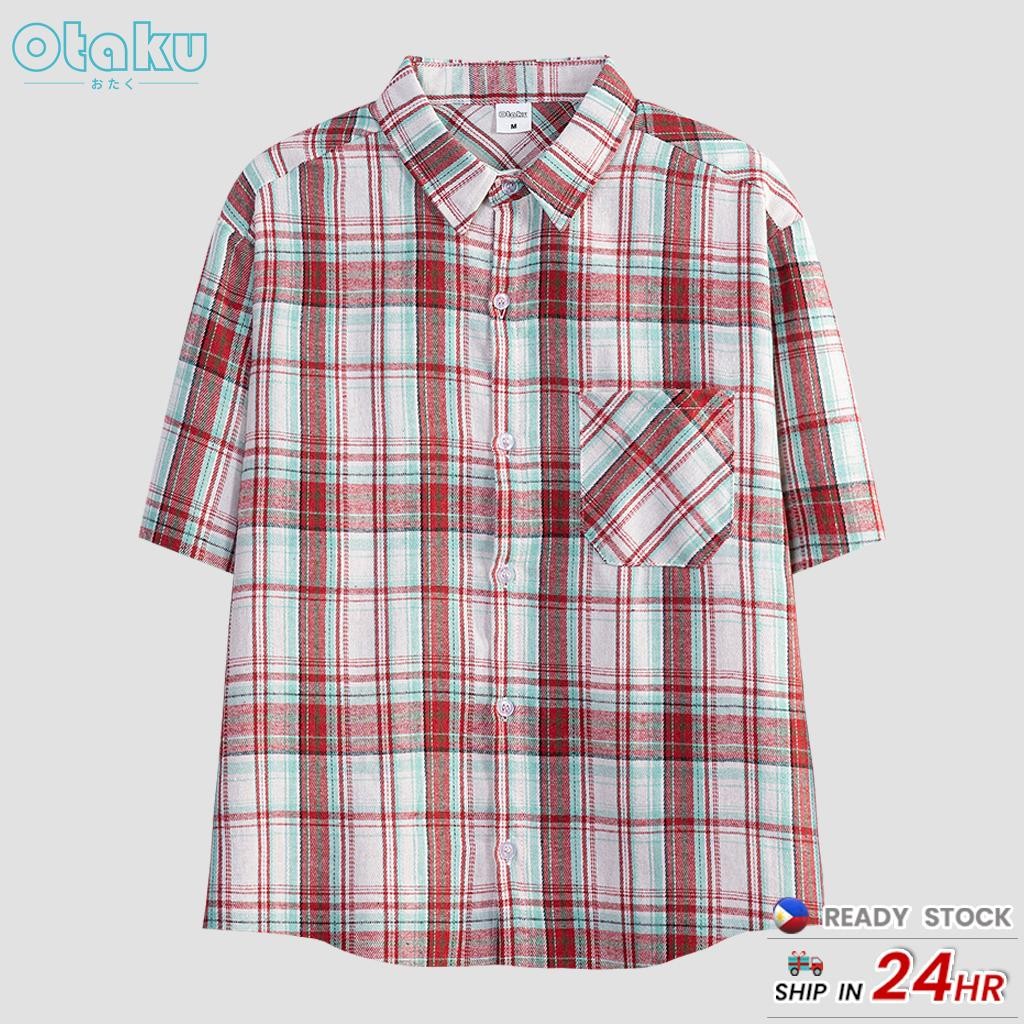 OTAKU Plaid Shirt For Men short Sleeved Unisex Flannel Fashion Shirt Lapel Neck Top With Pocket