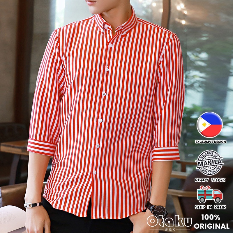 OTAKU Striped Polo For Men 4/3 Sleeve Vertical Casual Shirt Hawaii Beach Loose