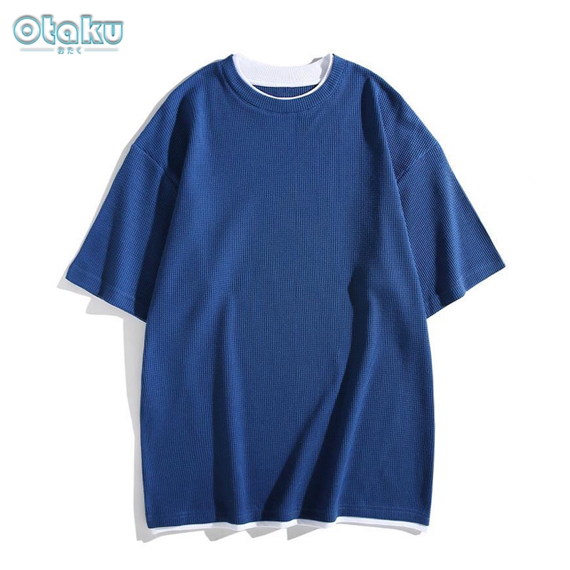 OTAKU Oversized T-Shirt For Men Waffle Fake Two Piece Plain Women Pro Club Shirt
