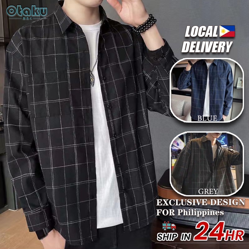 OTAKU Plaid Polo For Men Long Sleeve Loose Casual Shirts Overlay And Women