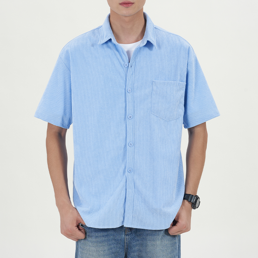 OTAKU Corduroy Short Sleeve Shirts For Men 220GSM Plain Casual Polo Shirt Plain Oversized Shirt Men