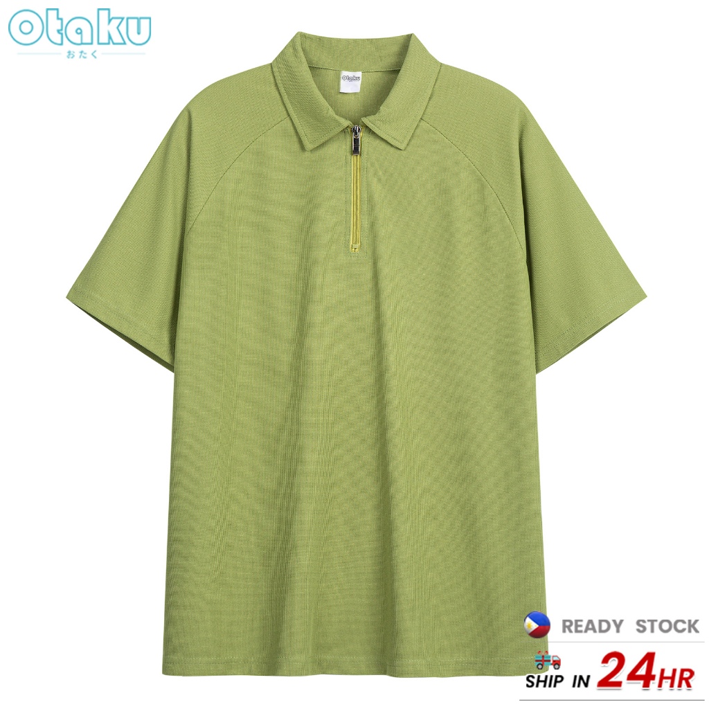 Otaku Half-Zip Polo Shirt Men's Korean Style Casual Short Sleeve Plain Half Sleeves Polo Collar