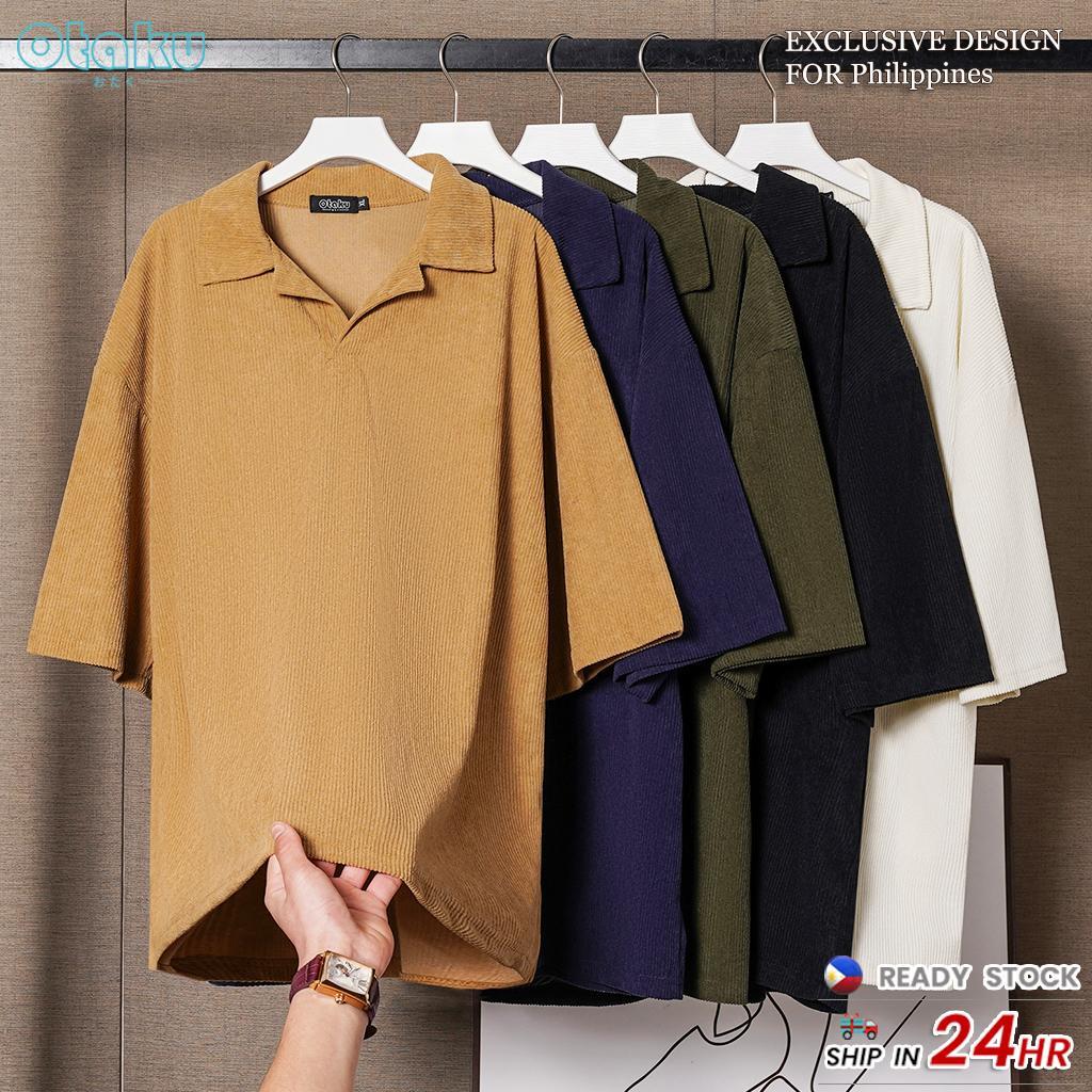Otaku Men's Shirts Plain Color Korean Fashion Polo Shirt For Men Casual Corduroy Polo Shirt