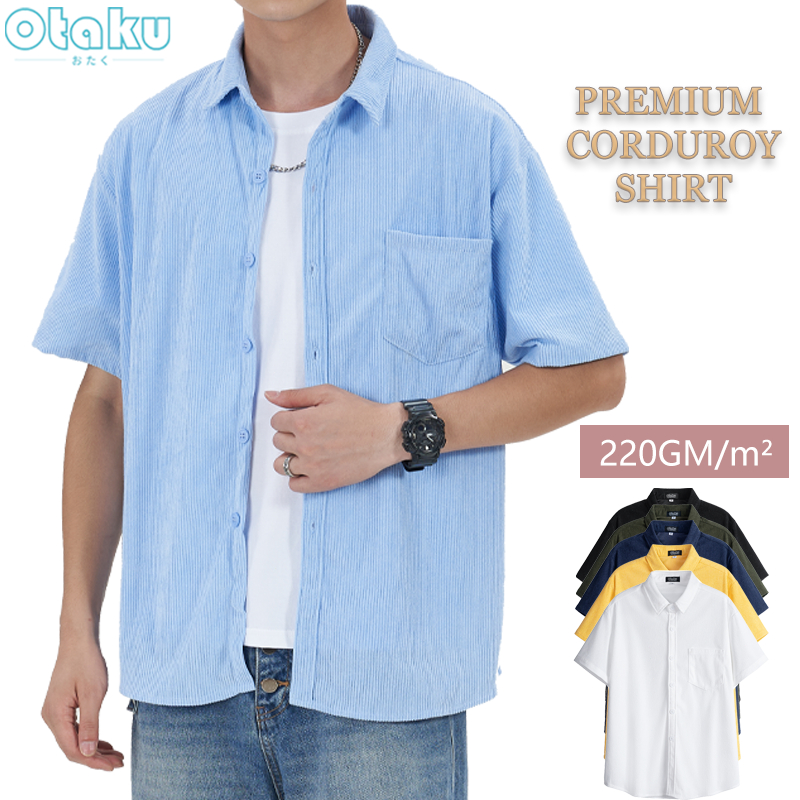 OTAKU Corduroy Short Sleeve Shirts For Men 220GSM Plain Casual Polo Shirt Plain Oversized Shirt Men