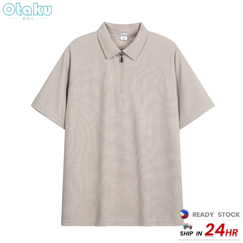 Otaku Half-Zip Polo Shirt Men's Korean Style Casual Short Sleeve Plain Half Sleeves Polo Collar