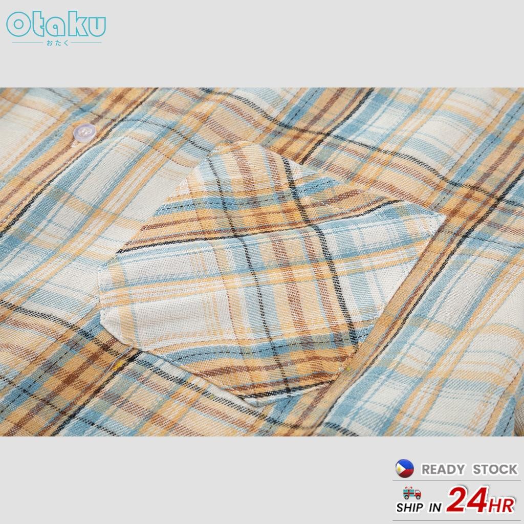 OTAKU Plaid Shirt For Men short Sleeved Unisex Flannel Fashion Shirt Lapel Neck Top With Pocket