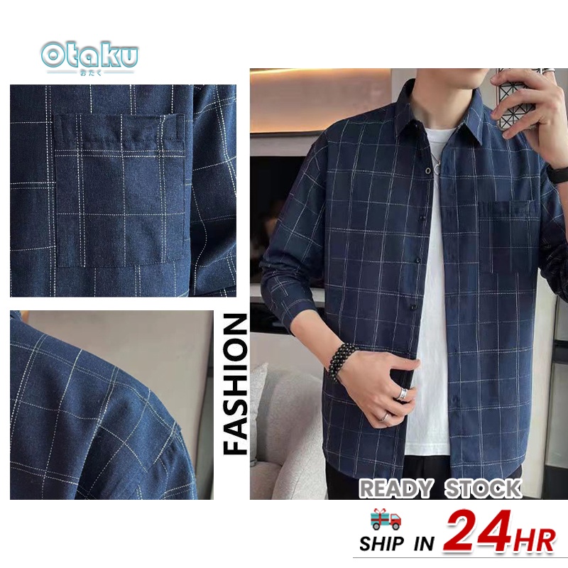 OTAKU Plaid Polo For Men Long Sleeve Loose Casual Shirts Overlay And Women
