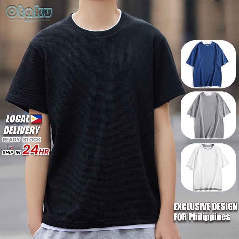 OTAKU Oversized T-Shirt For Men Waffle Fake Two Piece Plain Women Pro Club Shirt