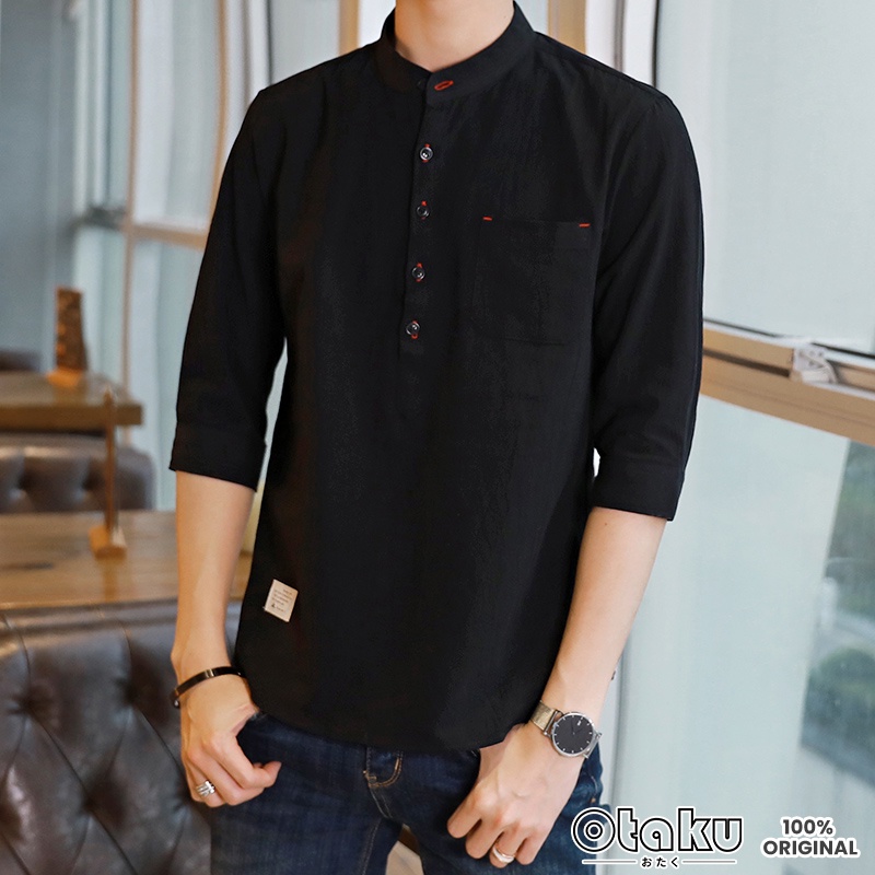 OTAKU Men Cotton Linen Chinese Collar 4/3 Sleeve Shirt Stand Casual Polo