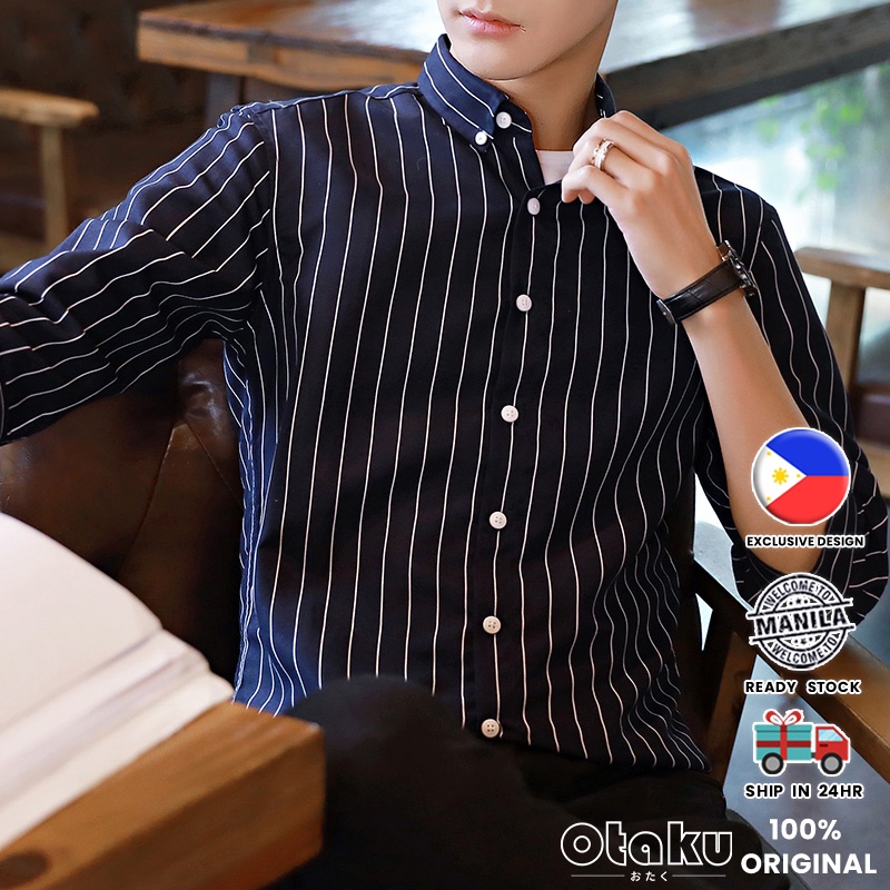 OTAKU Striped Polo For Men 4/3 Sleeve Vertical Casual Shirt Hawaii Beach Loose