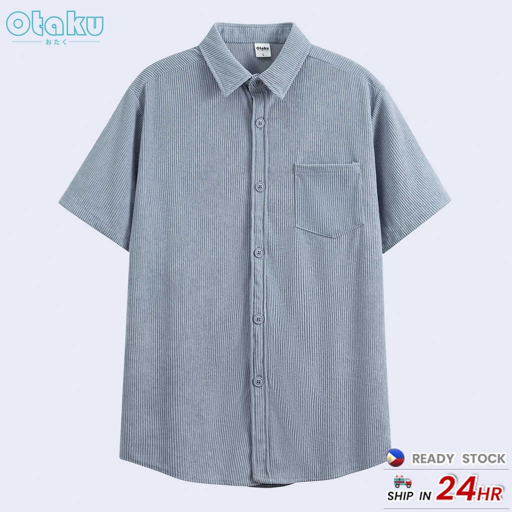 OTAKU Corduroy Short Sleeve Shirts For Men 220GSM Plain Casual Polo Shirt Plain Oversized Shirt Men