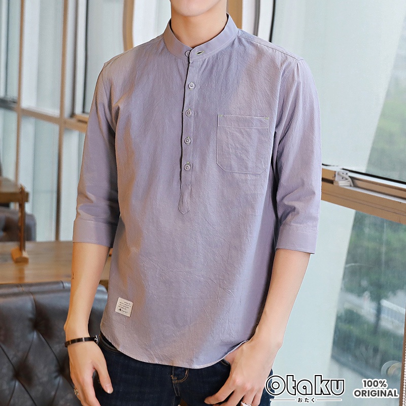 OTAKU Men Cotton Linen Chinese Collar 4/3 Sleeve Shirt Stand Casual Polo