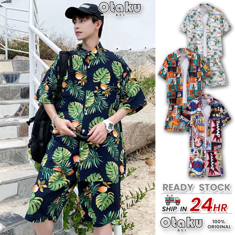OTAKU Hawaiian Polo Suit For Men Floral Shirt Set Beach Oversized Plus Size