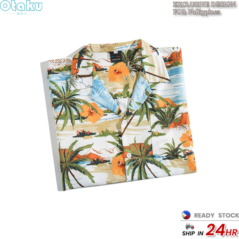 OTAKU Men's Pure Cotton Boho Loose Casual Short Sleeve Floral Shirt Hawaiian Beach Vacation Tops